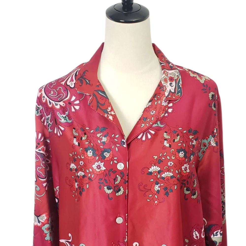 NWT Natori Satin Paisley Floral Button Front Pajama Top Artsy Asian